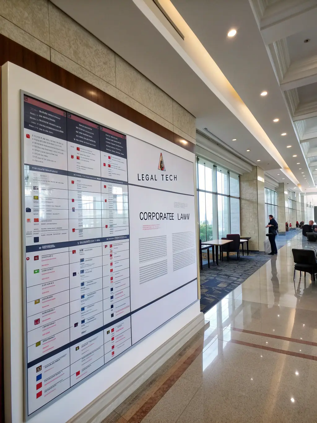 A photograph of a conference schedule board displaying session times and topics for a legal tech conference in Mumbai, India.