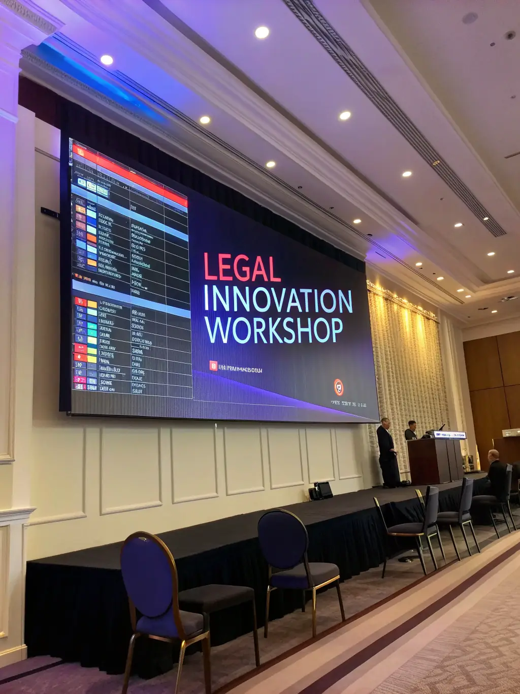 An image of a digital display showing the schedule for a legal innovation workshop at a conference in Bangalore, India.