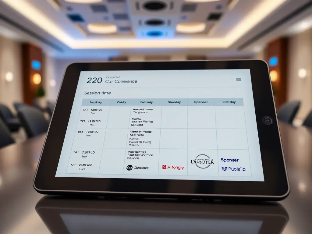 A detailed conference schedule displayed on a tablet, showing session times, speaker names, and sponsor logos, set against a modern conference venue backdrop.