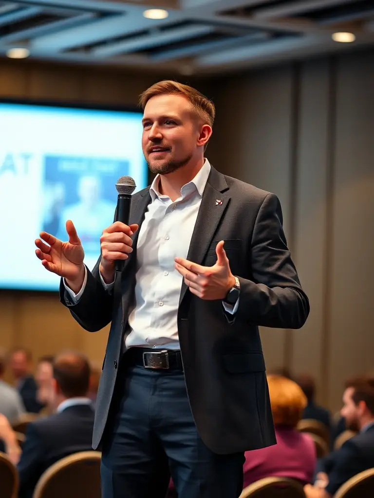 A close-up shot of a speaker presenting on stage at a corporate compliance conference, highlighting the speaker's expertise and the audience's attentiveness.