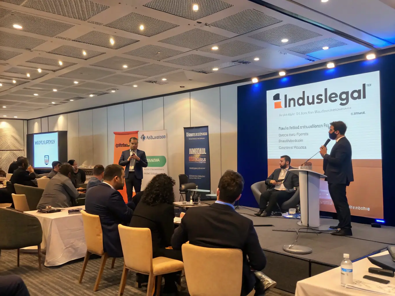 An image depicting a panel discussion at a corporate compliance conference in Delhi, India, featuring experts from various legal and technology backgrounds.