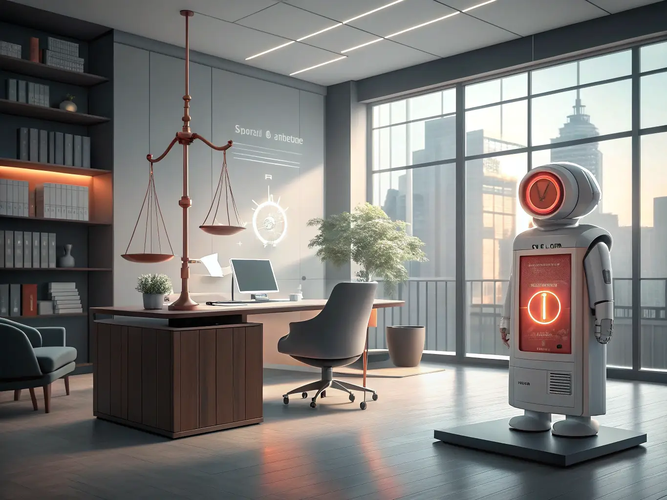 A visually appealing graphic showcasing the integration of AI in legal processes, set against the backdrop of a modern conference center in Bangalore, India.