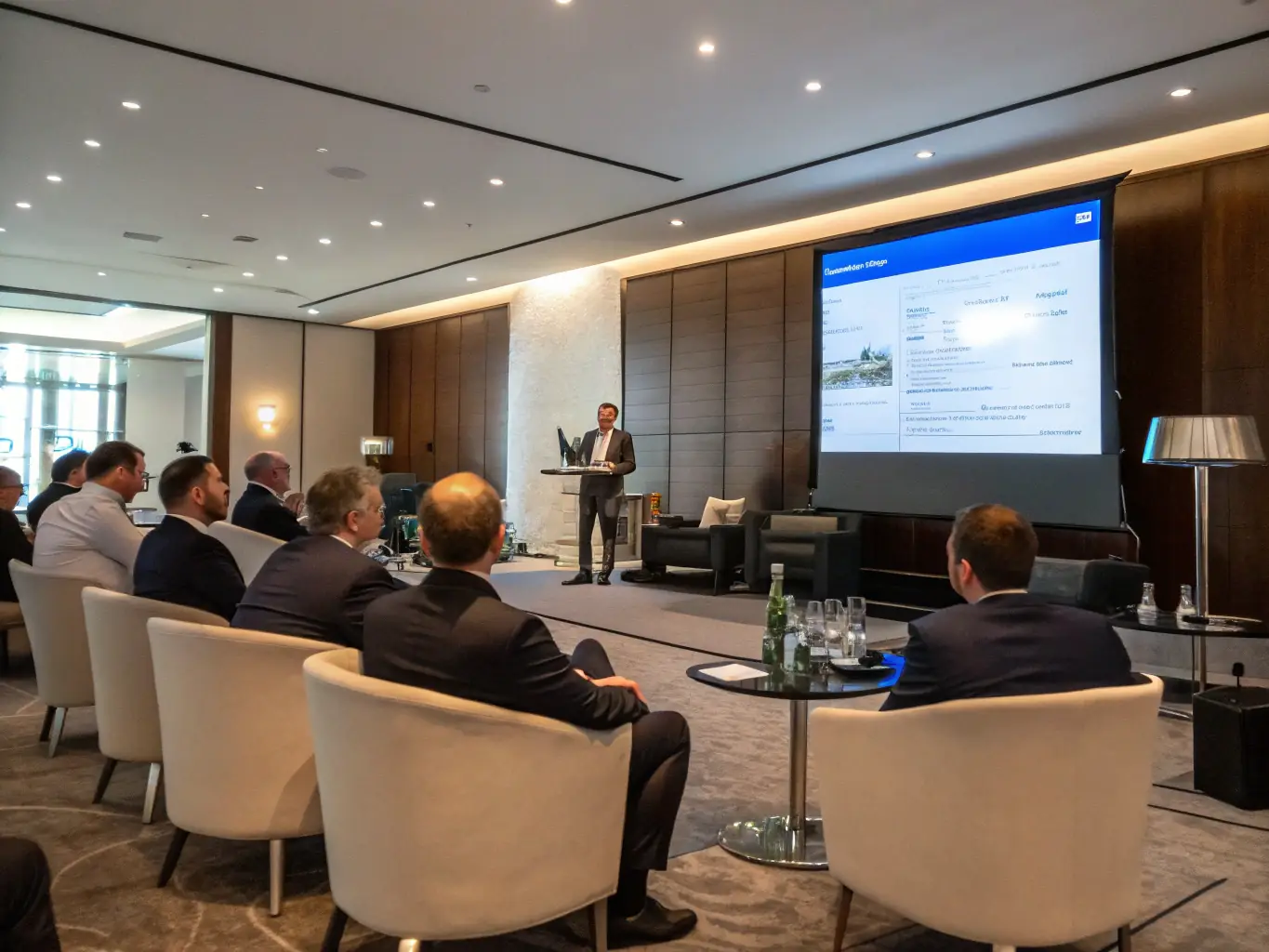 A corporate compliance conference schedule displayed on a large screen, highlighting key sessions, speaker bios, and sponsor information, set in a professional conference setting.