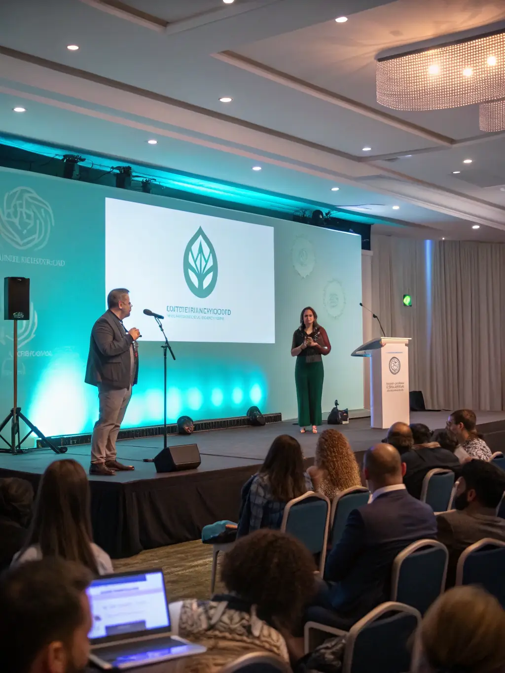 A professional photograph of a modern conference hall filled with attendees listening to a speaker, focusing on the vibrant atmosphere and engagement.