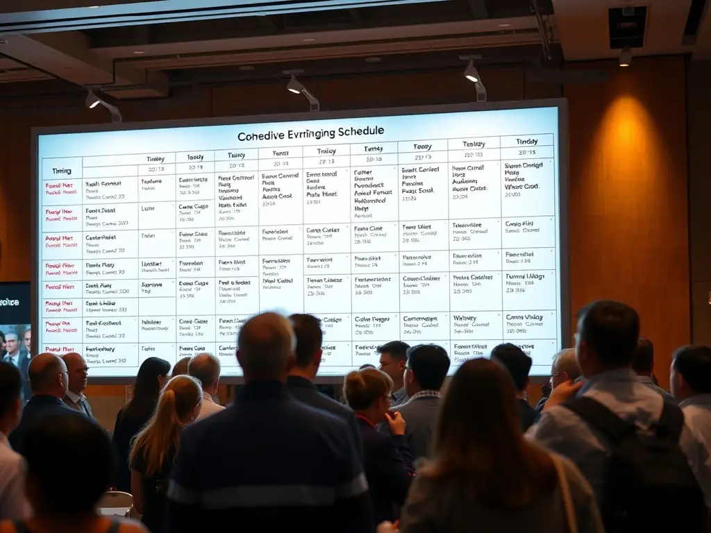 A schedule for a legal industry digitalization conference, showcasing interactive sessions, speaker panels, and sponsor booths, set in a vibrant conference environment.