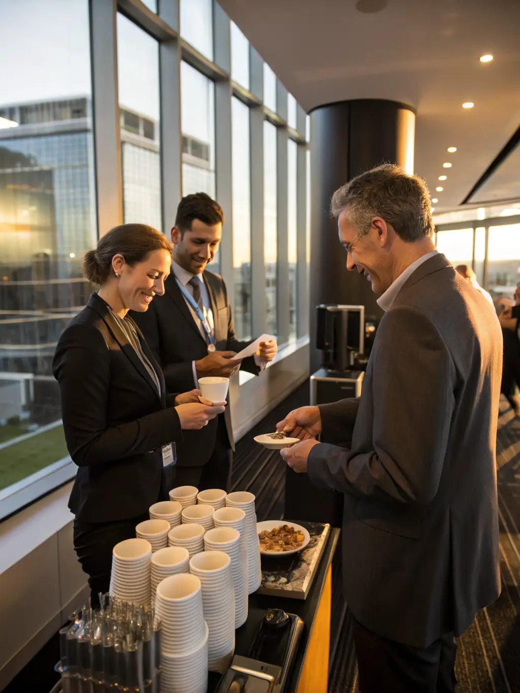 A group of professionals networking during a coffee break at a legal tech conference, emphasizing the networking opportunities and collaborative environment.